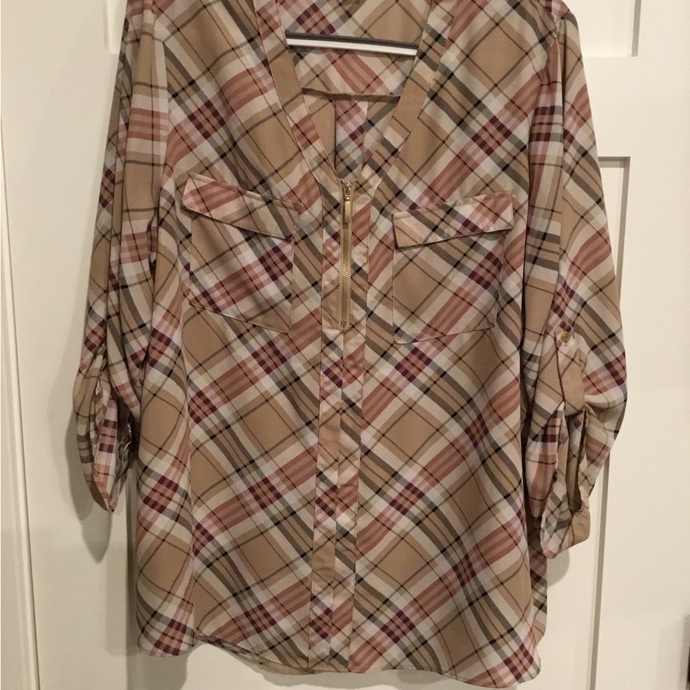 Cato Plaid Blouse in Tan and Red